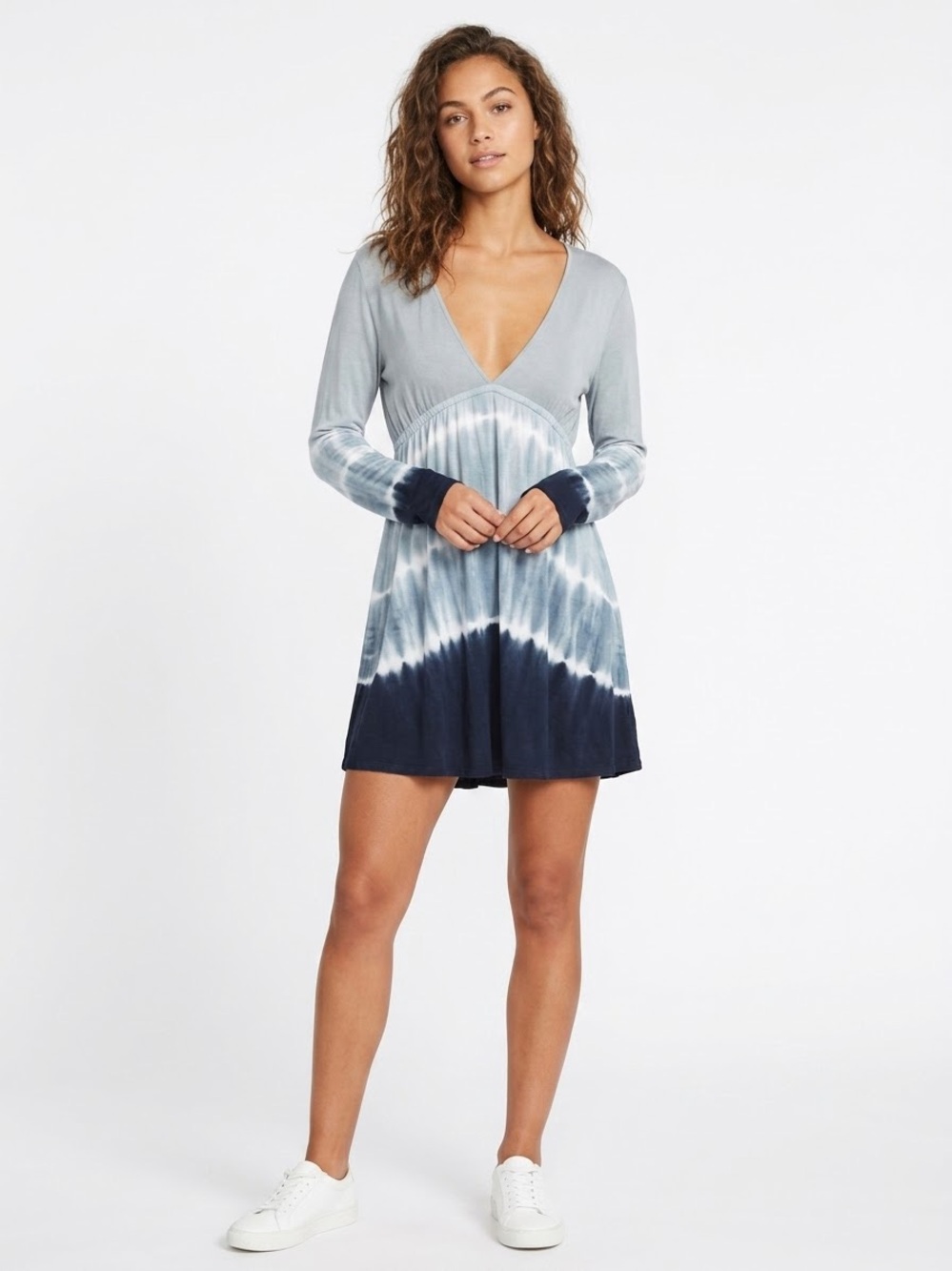 Ingear Ombré Tie-Dye V-Neck Long Sleeve Tunic - Light Blue & Black